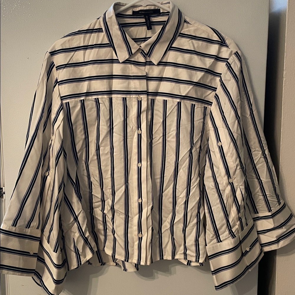 BCBGMaxAzria Small White Navy Black Button Down Collar Bell Kimono Sleeve Blouse